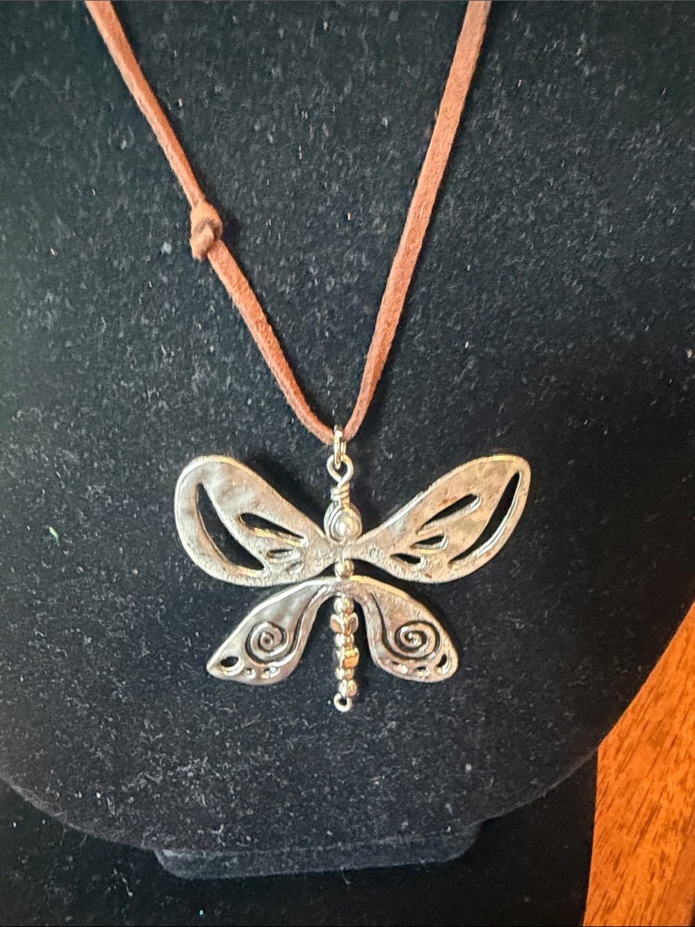 Silver boho Dragonfly Pendant Necklace with Brown Suede Cord